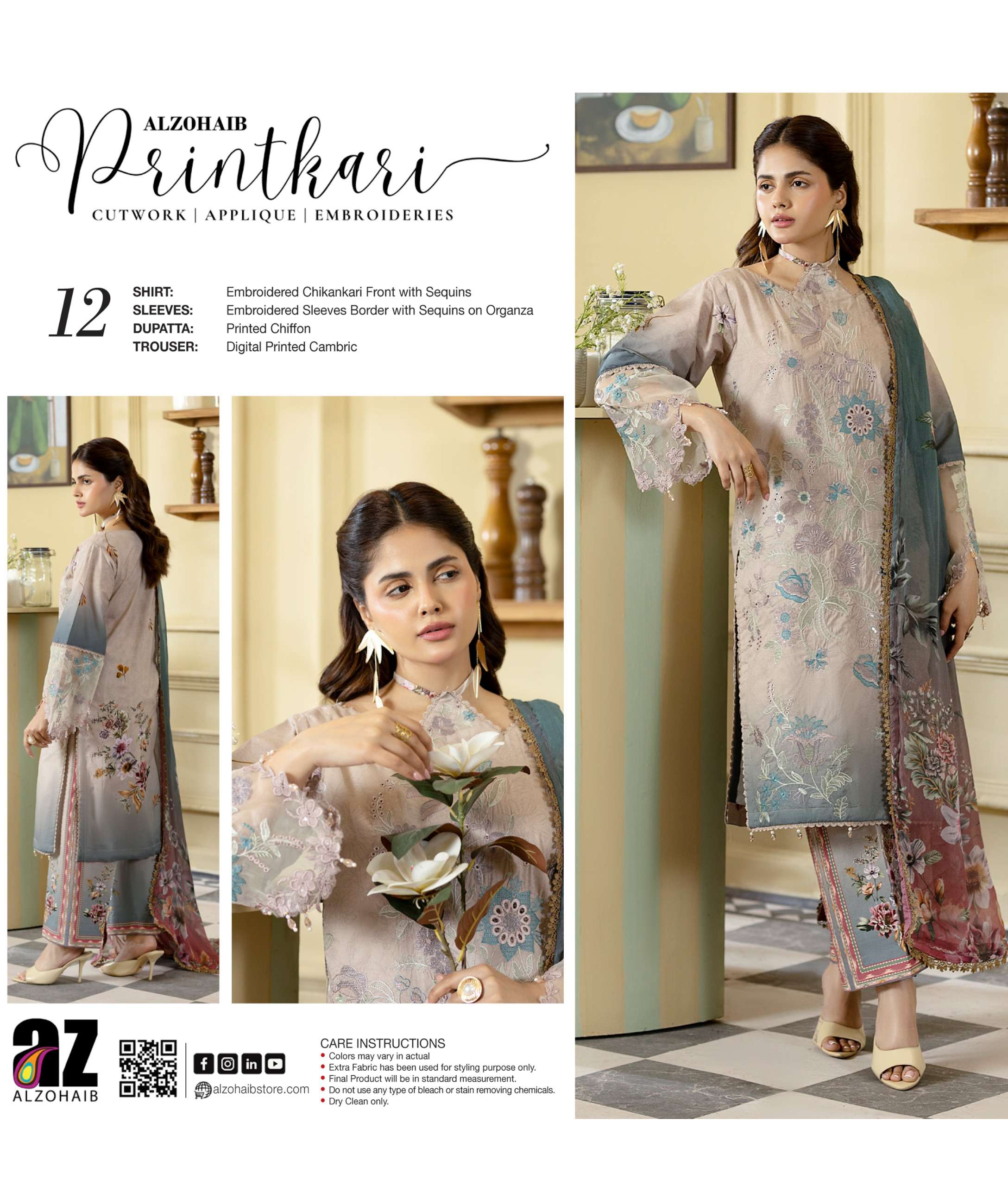 ZOHAIB TEXTILES SUNSHINE PRINTKARI EDITION EMBROIDERED SHIRT TYPE PAKISTANI SUIT EXPORTER